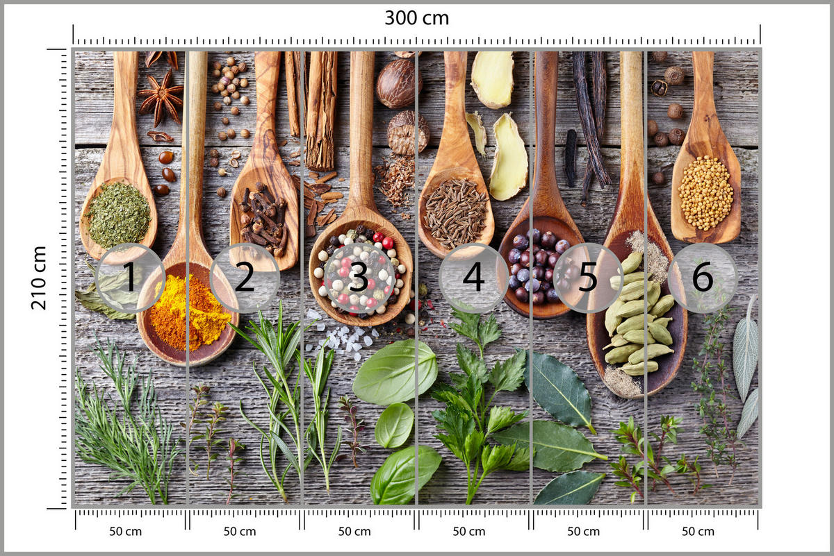 FOTOTAPETE Kräuter und Gewürze auf einem Brett 300x210 - Gelb/Beige, Papier (300/210cm) - Muralo