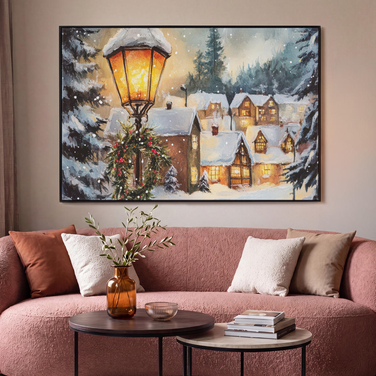 LEINWAND Bilder mit Rahmen - Weihnachtsdorf - Häuser - Schnee - Weihnachten - 150x100 - Sandfarben, Textil (150/100cm) - MuchoWow