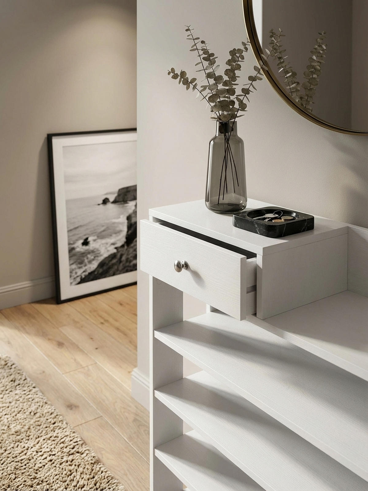 SCHUHREGAL – Weiß, 75x92,5x24 cm, 7 Fächer, mit Schublade, kompakt - Weiß, Holz/Metall (75/93/24cm) - KADIMA DESIGN