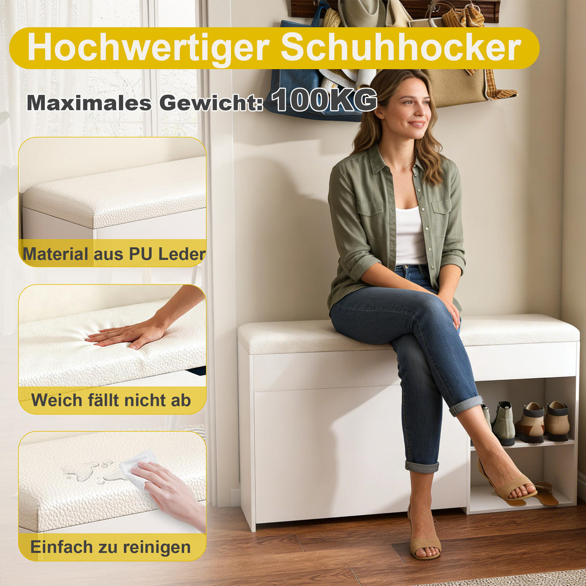 SCHUHBANK weiß & pu-leder, mit staufach & gepolsterter sitzfläche - Weiß, Holzwerkstoff (100/52/30cm) - Urban Meuble