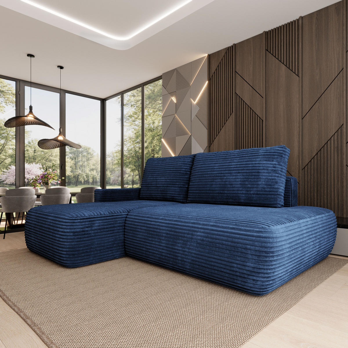 ECKSOFA AVINI T L-S Blau Kordstoff mit Schlaffunktion - Blau, Holzwerkstoff/Textil (277/160cm) - MASSENO