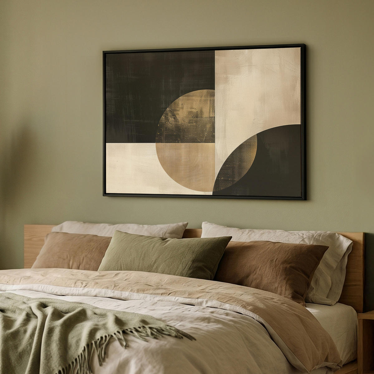 LEINWAND Bilder mit Rahmen - Abstrakt - Geometrische Formen - Schwarz - Gold - 100x70 - Ecru, Textil (100/70cm) - MuchoWow