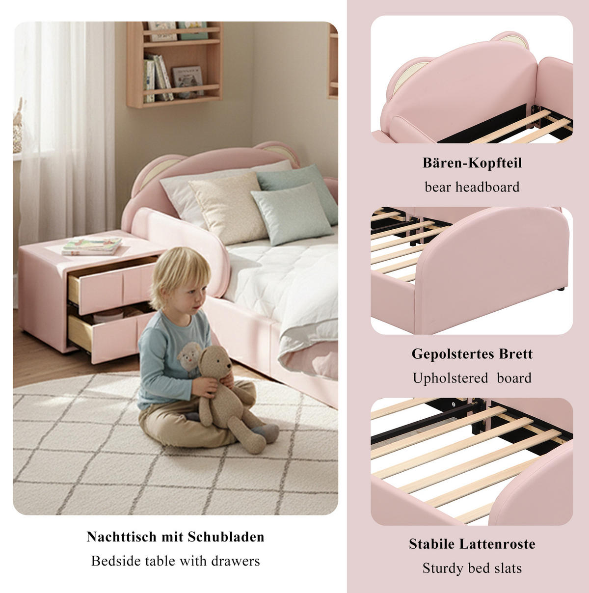 KINDERBETT 90/200 cm mit Nachttisch, Bären-Kopfteil und weichem Stoßschutz, Rosa - Rosa, Textil (90/200cm) - Redom