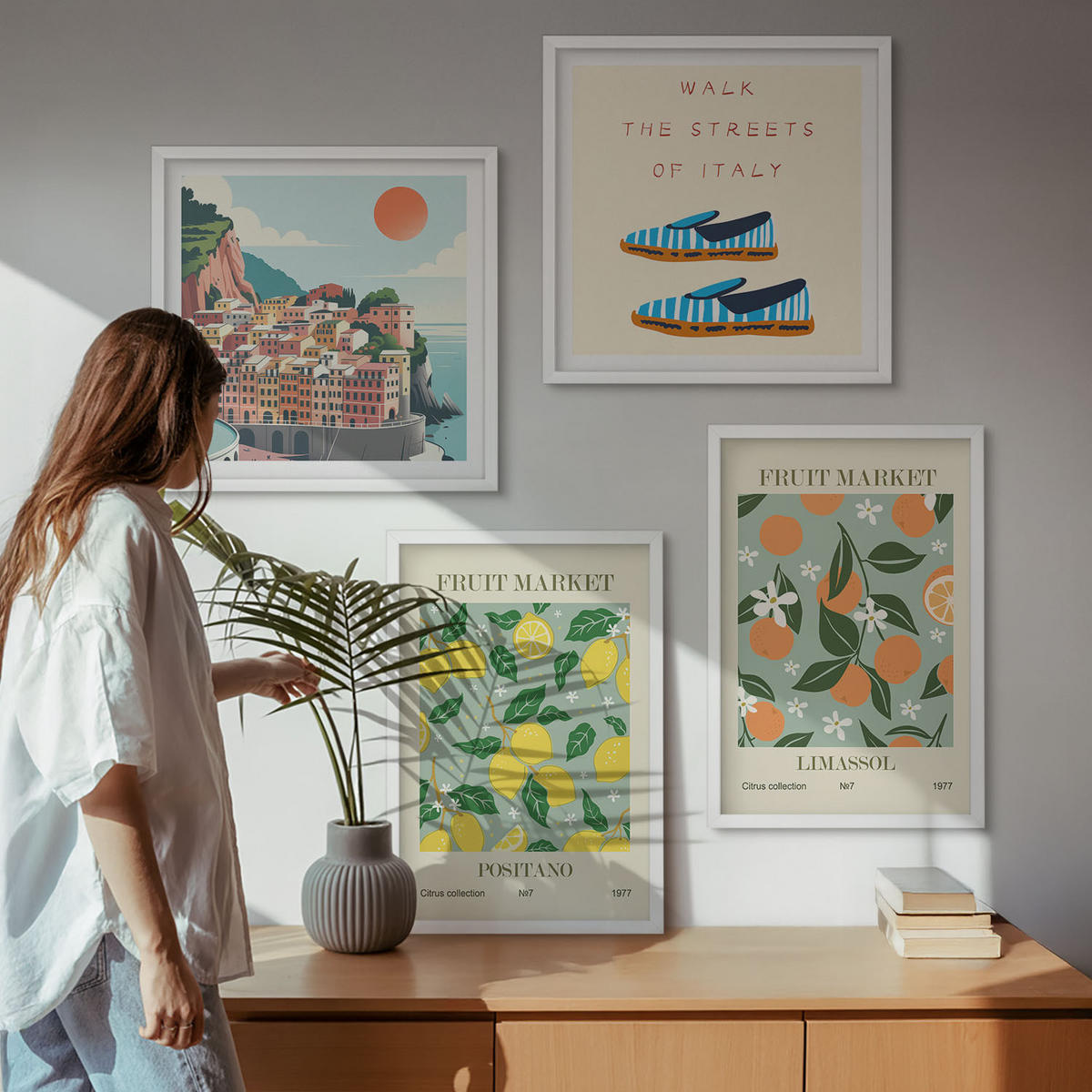 WANDBILDER 4er-Set - 50x50 cm & 40x60 cm Weißer Rahmen - Fruchtmuster der italienischen Kultur - Weiß, Kunststoff (50/50cm) - ArtPrintCave