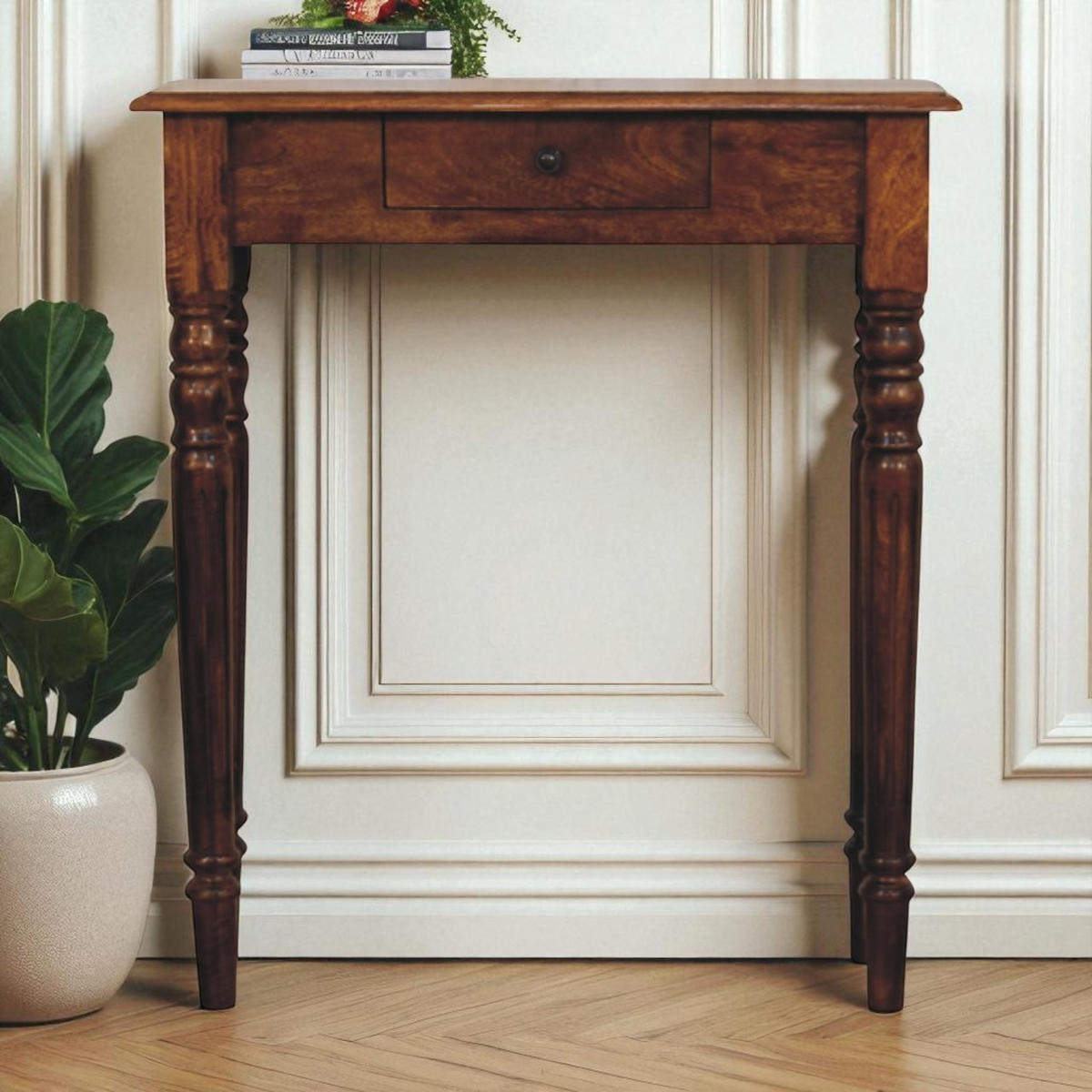 KONSOLENTISCH Massivholz Kastanienbraun Gedrechselte Beine, 1 Schublade - Dunkelbraun/Messingfarben, Mangoholz/Holz (70/80/25cm) - Artisan Furniture
