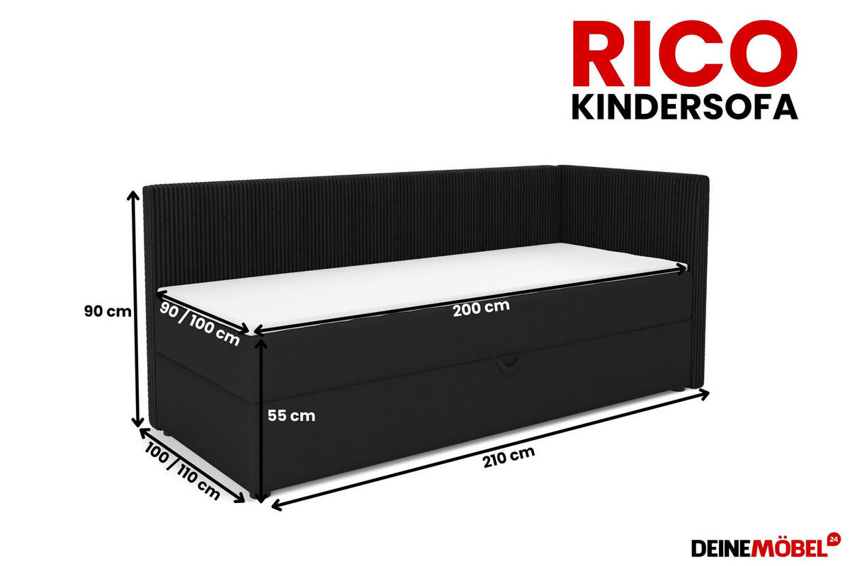 BOXBETT RICO 100/200 in Cord/Velours Schwarz H4 links - Schwarz, Holz/Holzwerkstoff (100/200cm) - Deine Möbel 24