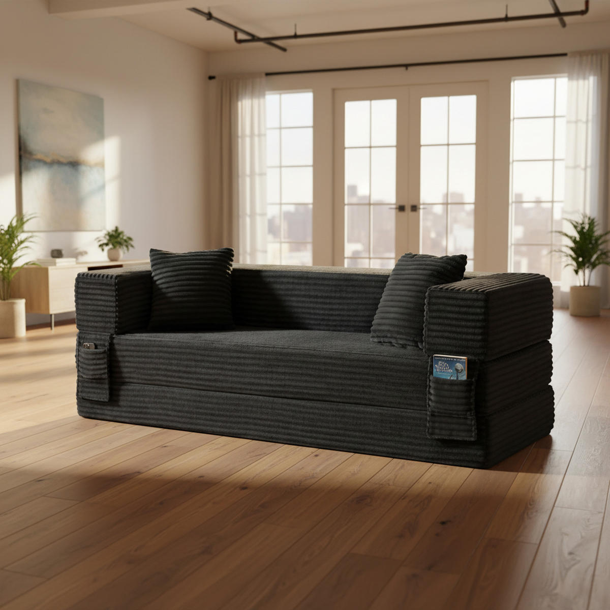 SCHLAFSOFA aus Cord in Dunkelgrau 2-lagiges Design & zum Doppelbett ausklappbar - Dunkelgrau, Textil (89/59/195cm) - Urban Meuble