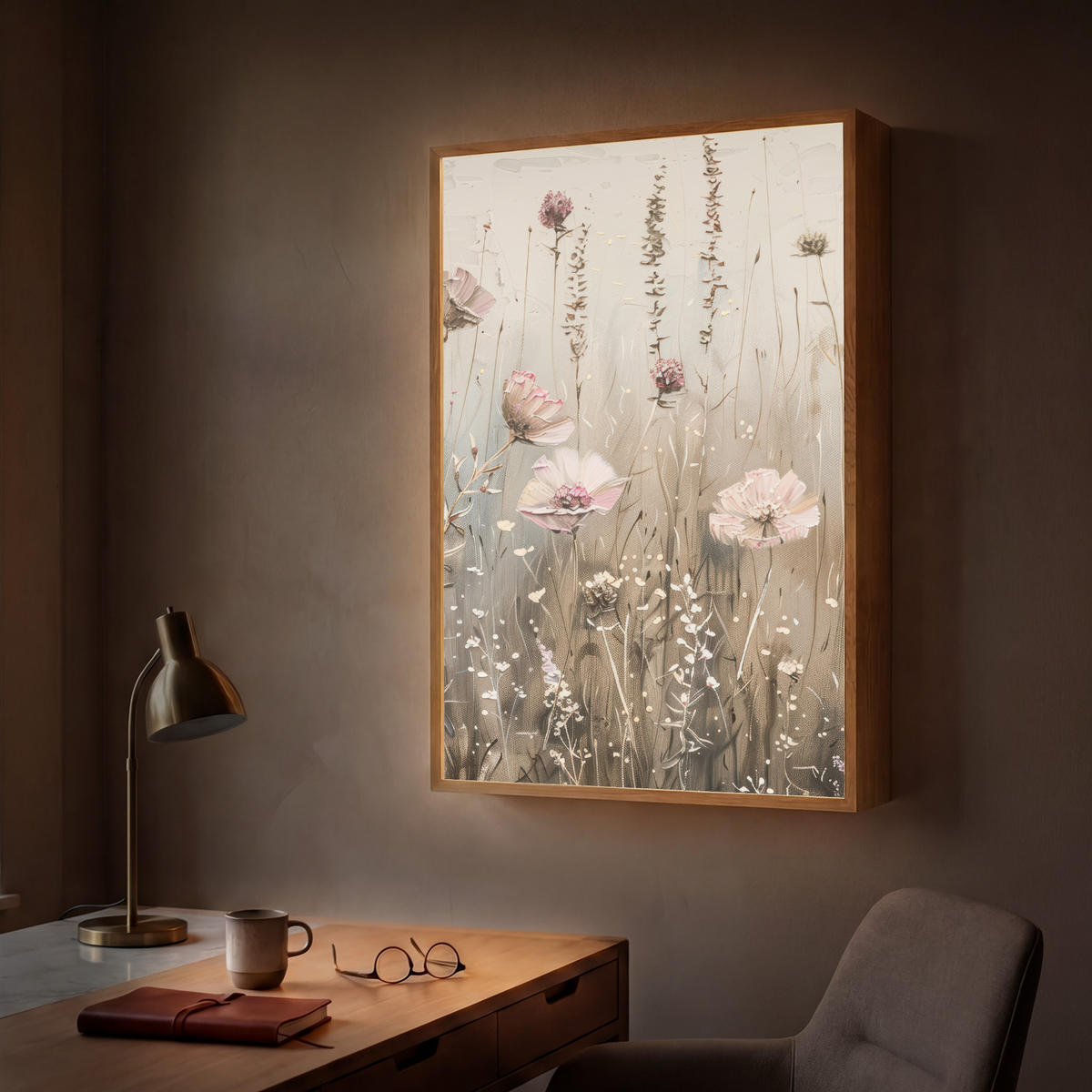 NÁSTĚNNÁ LAMPA S AKUMULÁTOREM Květiny - růžová - moderní - béžová 60x90 cm - starorůžová, kompozitní dřevo (60/90/8cm) - OnlyWow
