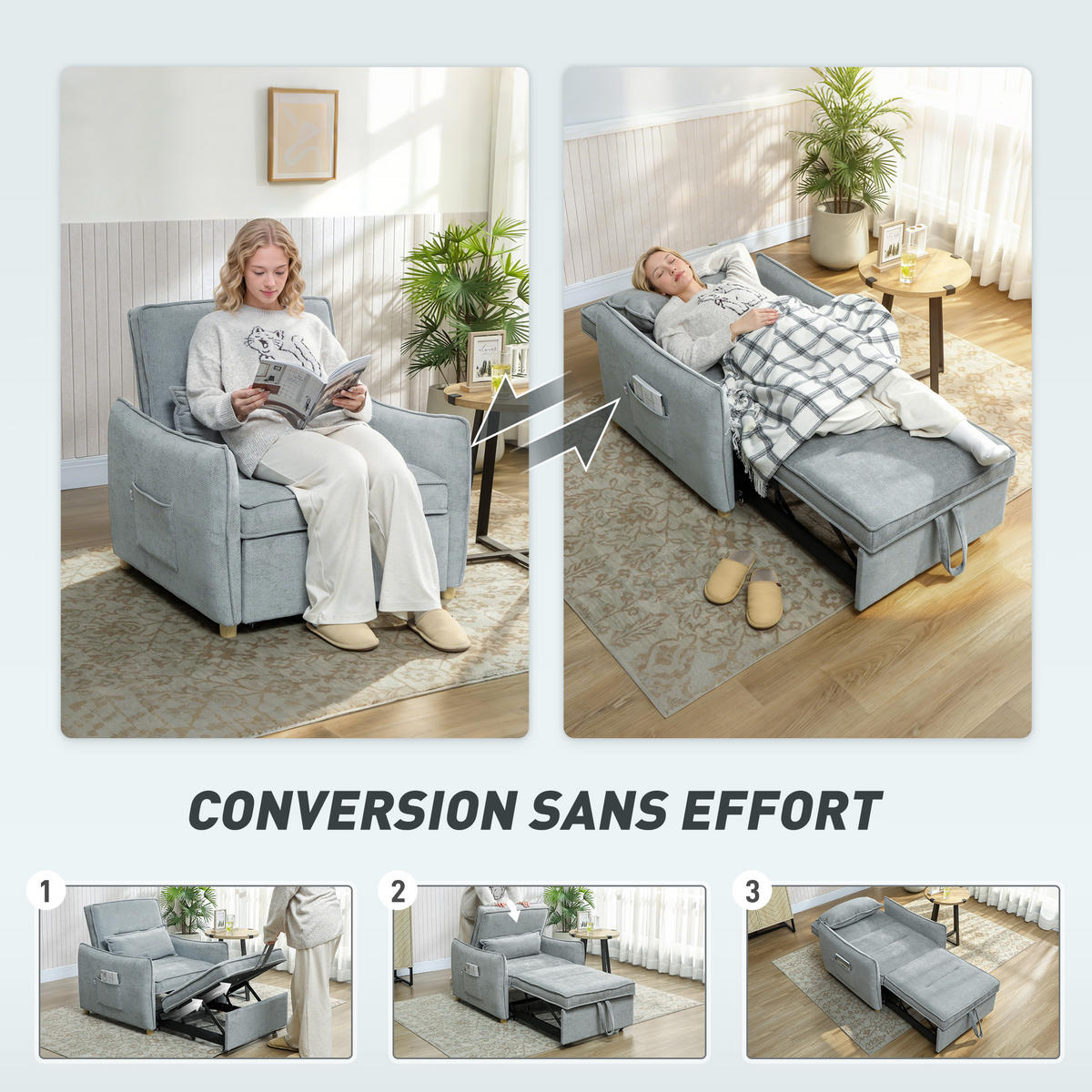 SCHLAFSESSEL DE-14630 3-in-1 Klick-Klack, breite Sitzfläche Grau - Grau, Textil (84/87/88cm) - ComfortXL