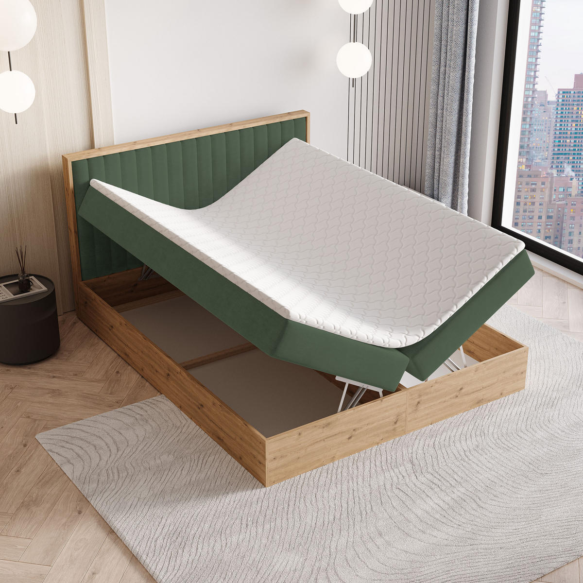 BOXBETT VARELI 160x200 cm mit Matratze und Topper - Grün - Grün, Holz (160/200cm) - MASSENO