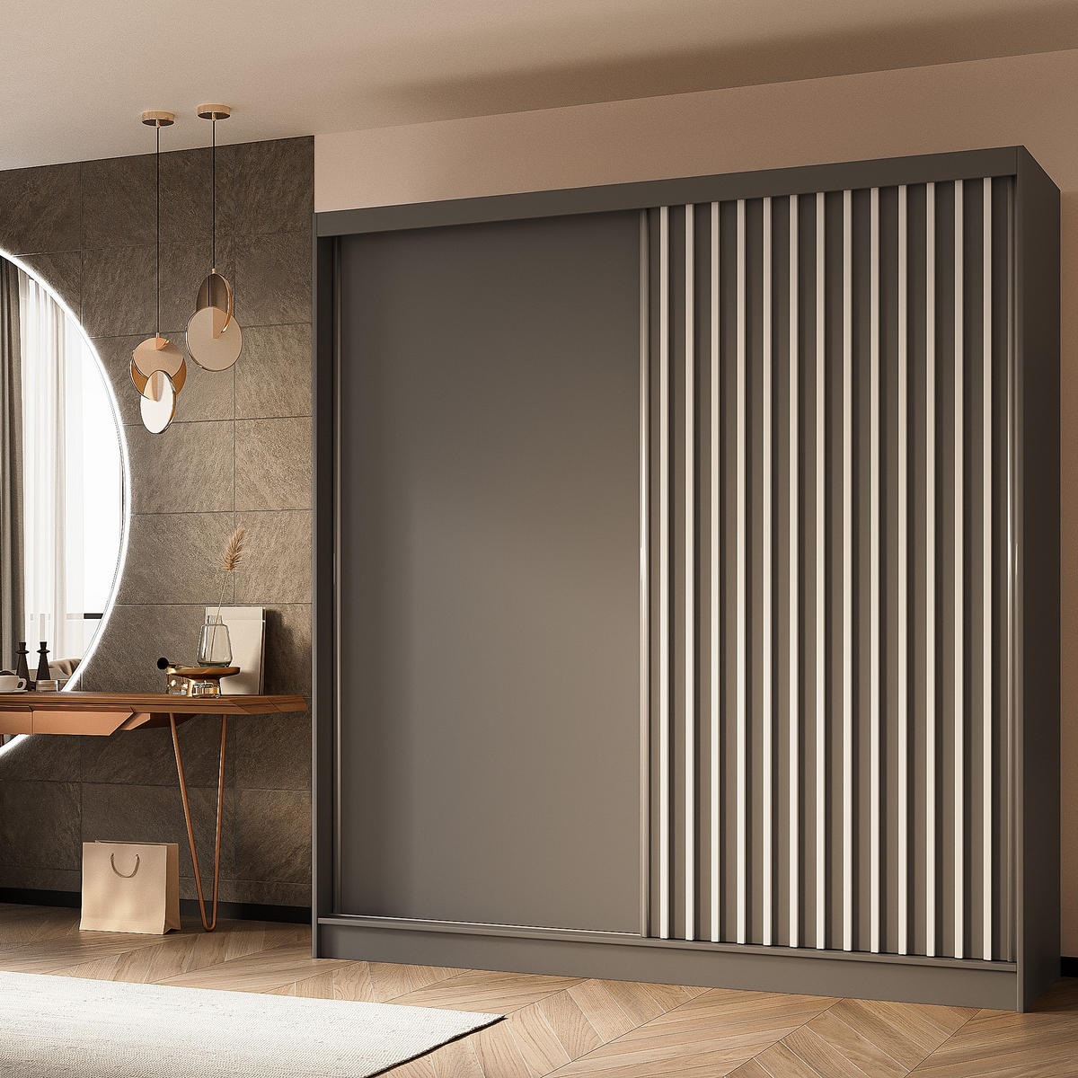 SCHWEBETÜRENSCHRANK LAMELLO 200/216/61 cm 2-türig Grau - Grau, Holzwerkstoff (200/216/61cm) - MASSENO