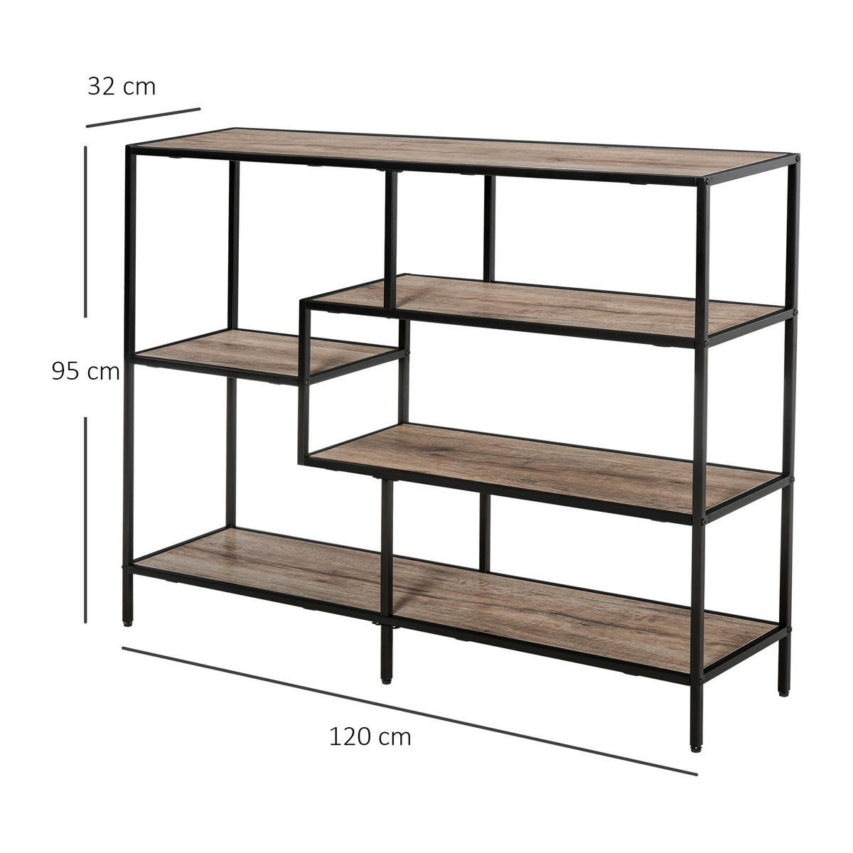 STANDREGAL, Metall, Schwarz+helle Eiche - Schwarz, Holzwerkstoff (32/95/120cm) - HOMCOM