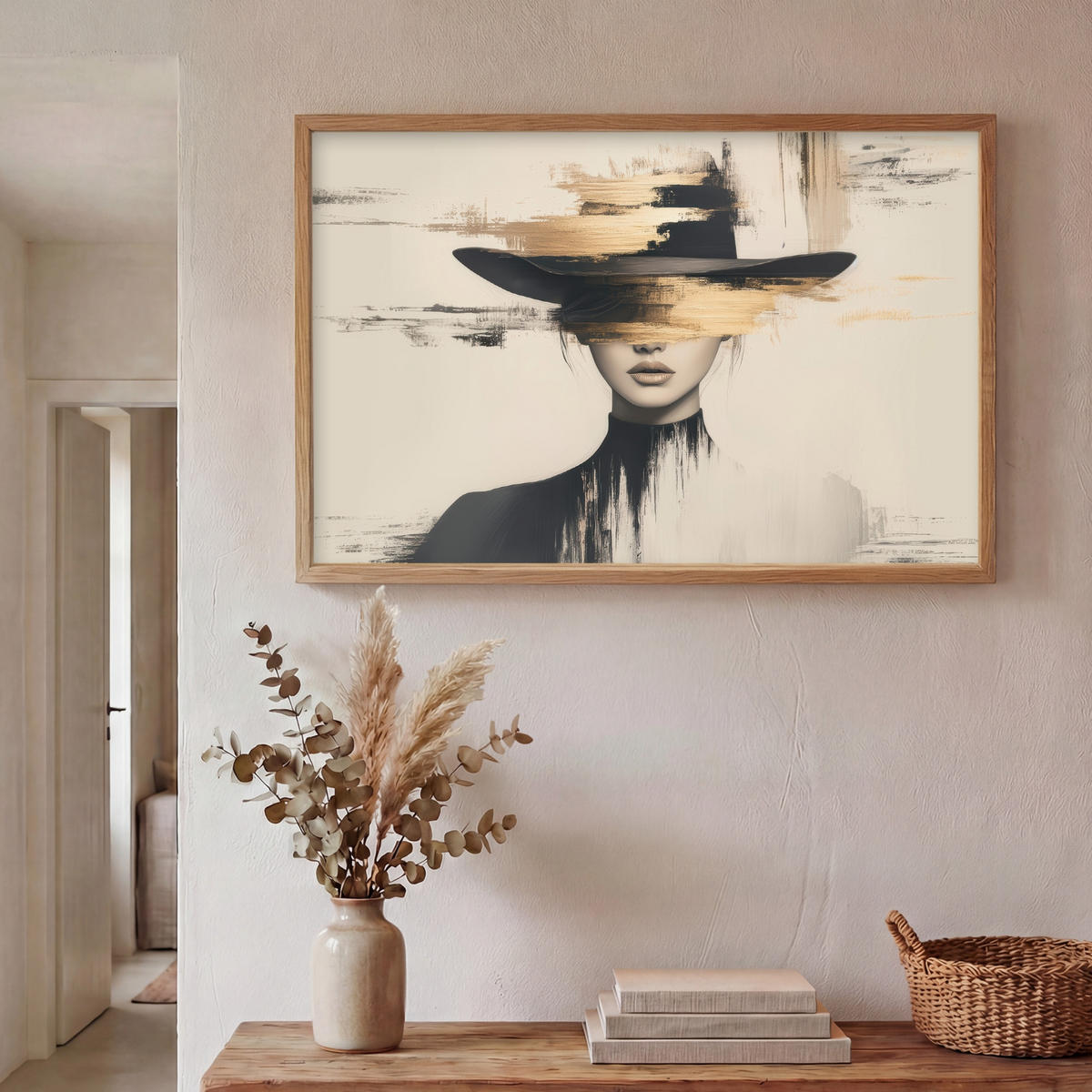NÁSTĚNNÁ LAMPA S AKUMULÁTOREM Žena - klobouk - barva 100x70 cm - krémová, kompozitní dřevo (100/70/8cm) - OnlyWow