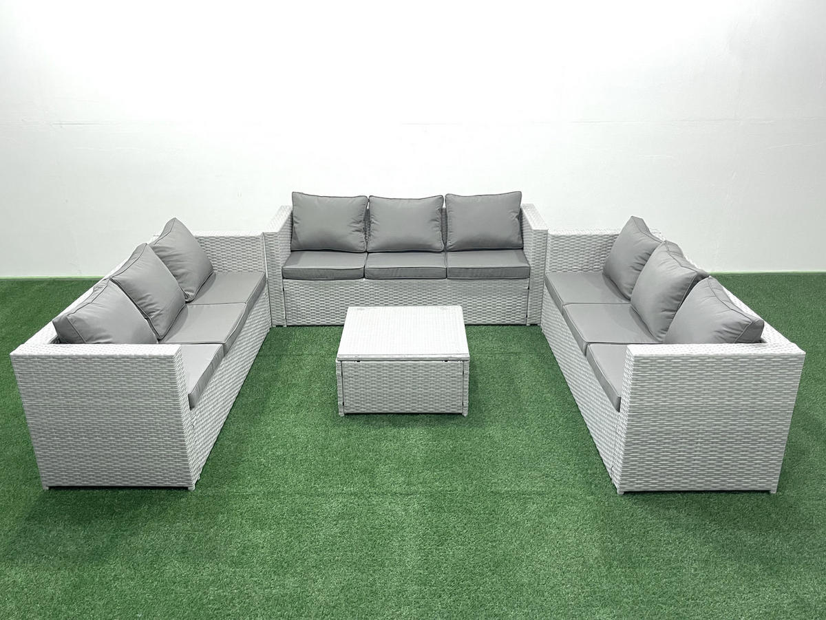 GARTENMÖBELSET mit 3-SITZER SOFA,COUCHTISCH Polyrattan Hellgrau-Mix 9-Sitzer - Hellgrau/Grau, Glas/Kunststoff - Fimous