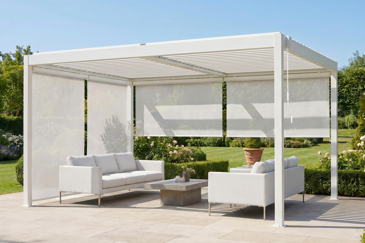 PERGOLA bioklimatisch PIANA 4x3m freistehend, weißes Aluminium, einziehbare Lamellen an 2 Seiten (3m + 4m) - Weiß, Metall (304/218/304cm) - Cazeboo