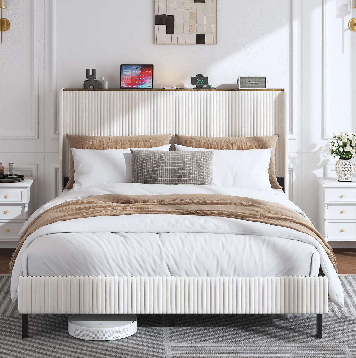 POLSTERBETT 160/200 cm mit geräuscharmem Metallrahmen und Cordbezug, Beige, Creme - Creme, Textil (160/200cm) - Redom