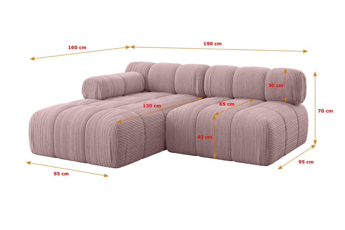 ECKSOFA modulares Sofa Razon-L1 - 190x160x70 cm Rosa Cord - Rosa, Holzwerkstoff/Textil (190/160cm) - ALTDECOR