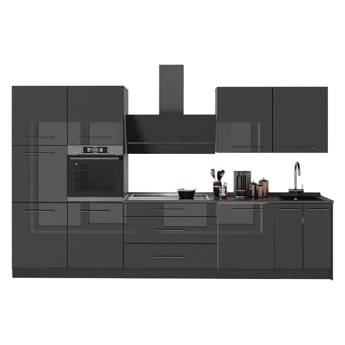 KÜCHENZEILE Fame-Line, Anthrazit Hochglanz/Anthrazit, 340 cm ohne Arbeitsplatte - Schwarz Hochglanz/Anthrazit, Holzwerkstoff (340/206.8/51.6cm) - Vicco