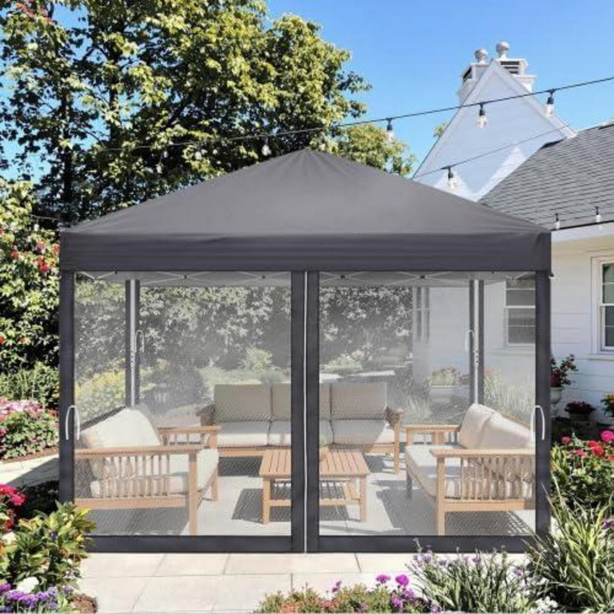 PAVILLON 3 x 3 m wasserdicht UV Schutz 50+ mit 4 Mesh-Seitenteilen Dunkelgrau - Anthrazit, Textil (255/300/300cm)