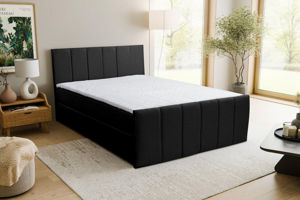 BOXBETT CLAUDINE mit 2 Bettkästen, 180x200, Farbe: Schwarz, Velourstoff, mit Bonell-Matratze inkl. Topper - Schwarz, Holz/Kunststoff (180/200cm) - VENASI MÖBEL