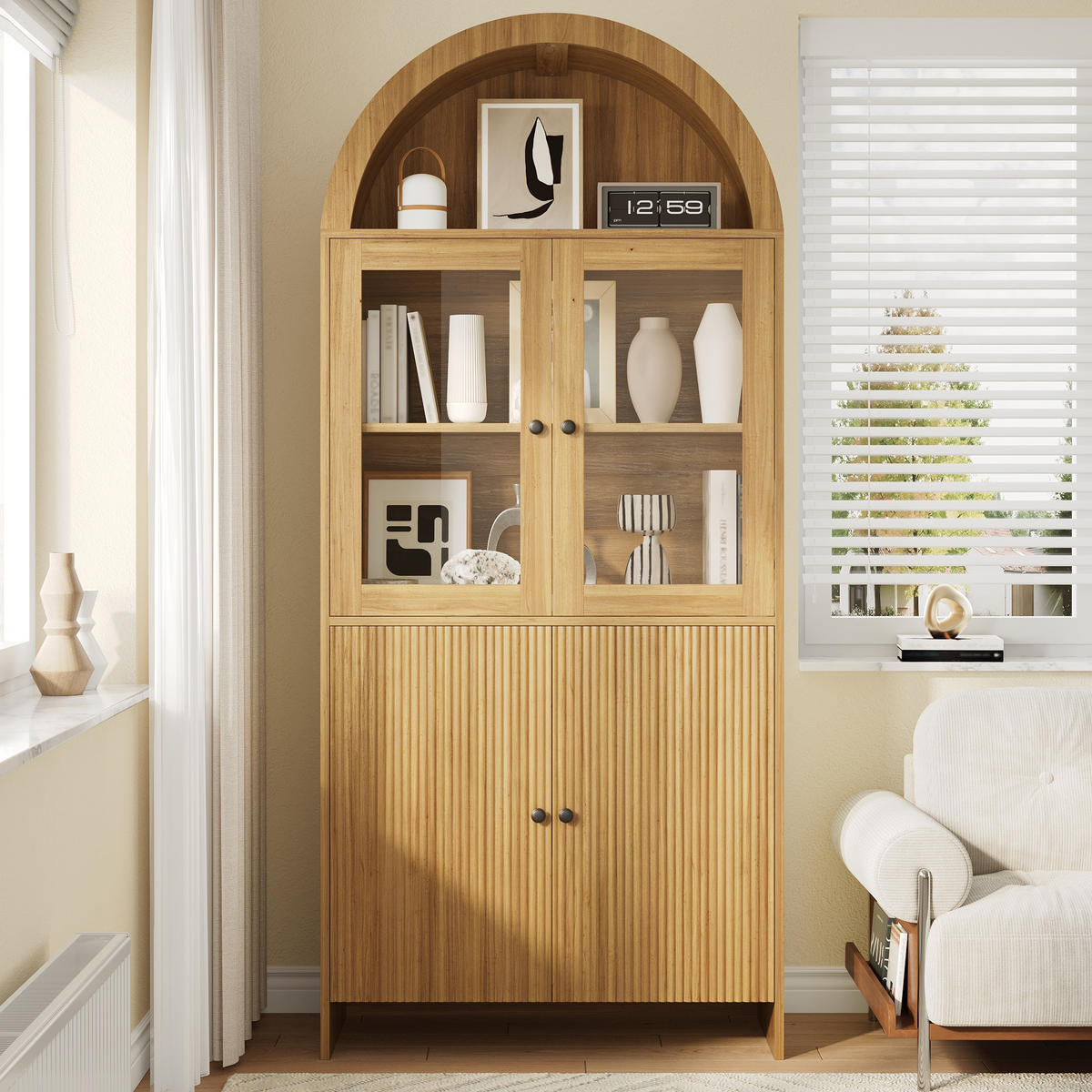 VITRINENSCHRANK Bogendecke Glas Türen Wellenmuster Weiß - Naturfarben, Holzwerkstoff (40/176/78cm) - FLIEKS