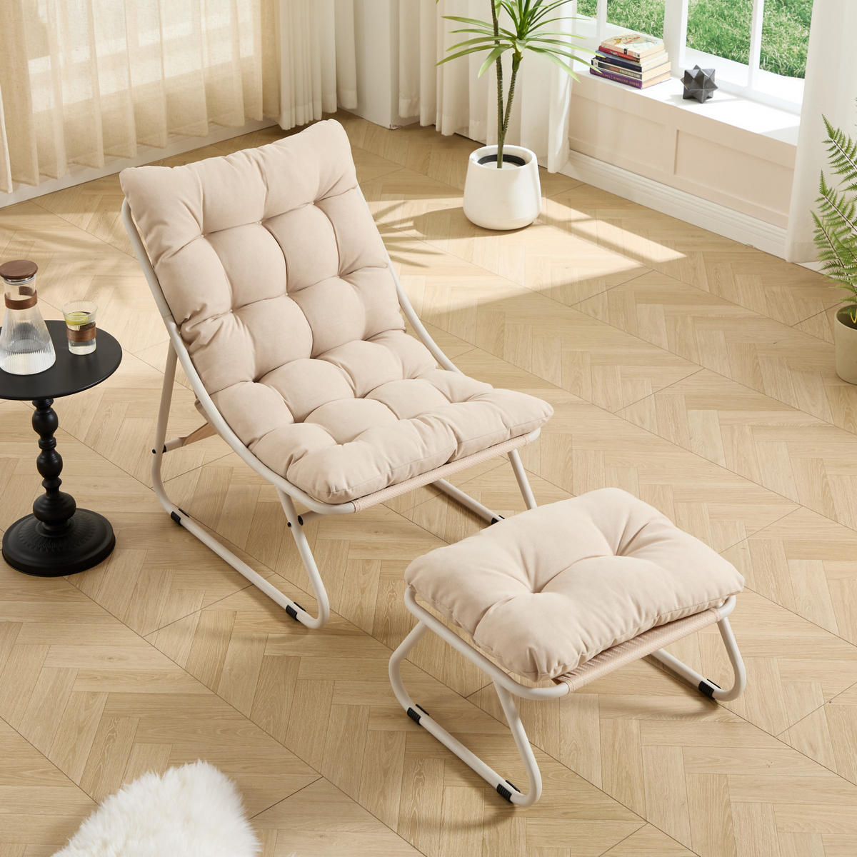 SCHAUKELSTUHL mit Dickem Kissen und Hocker Metallrahmen für Garten Balkon Wohnzimmer - Beige, Metall (65/86/78cm) - PARAFTA HOME