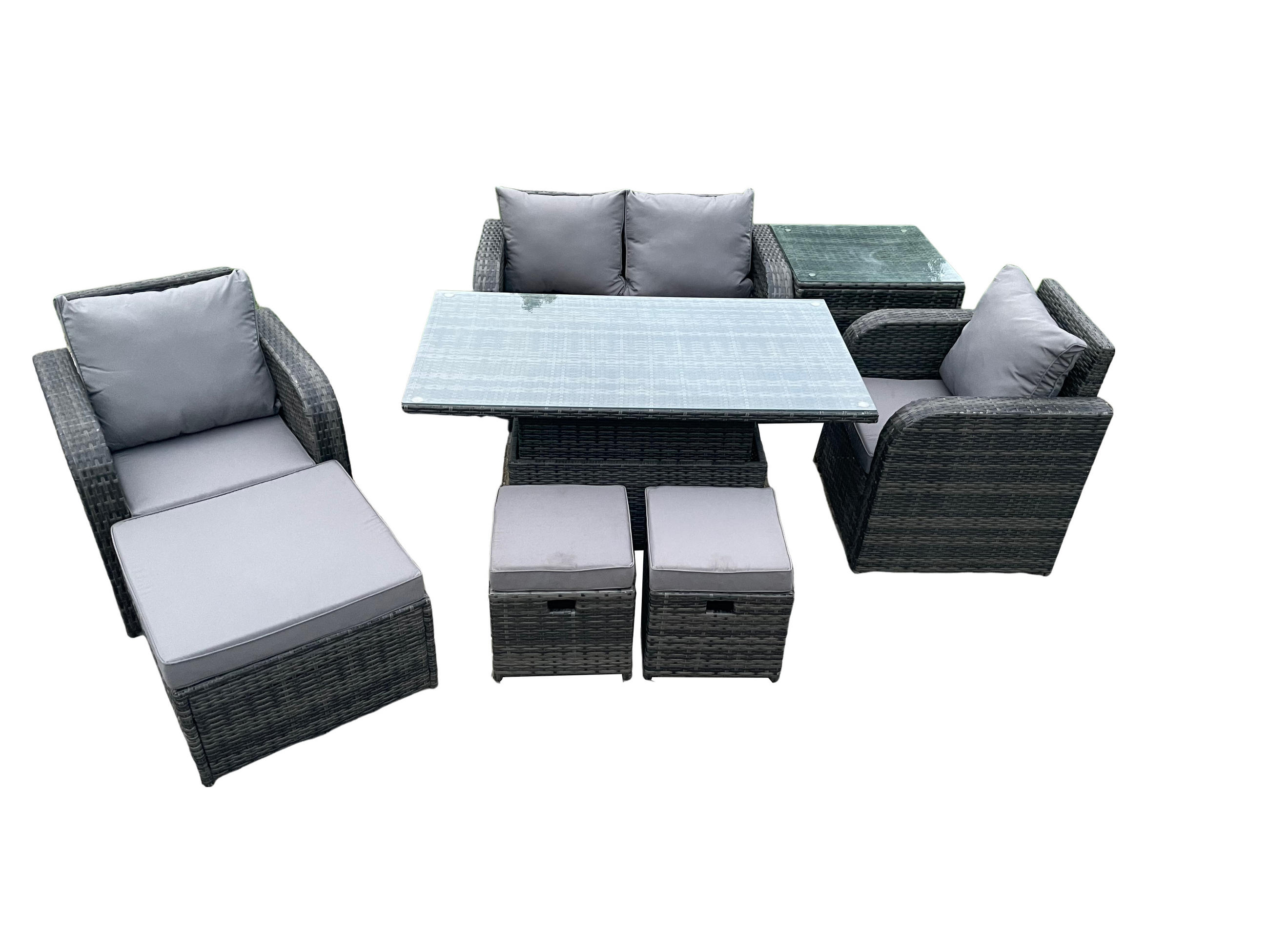 GARTENMÖBEL SET mit Hocker Polyrattan 7-Sitzer - Dunkelgrau/Grau, Glas/Kunststoff - Fimous