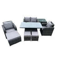 GARTENMÖBEL SET mit Hocker Polyrattan 7-Sitzer - Dunkelgrau/Grau, Glas/Kunststoff - Fimous