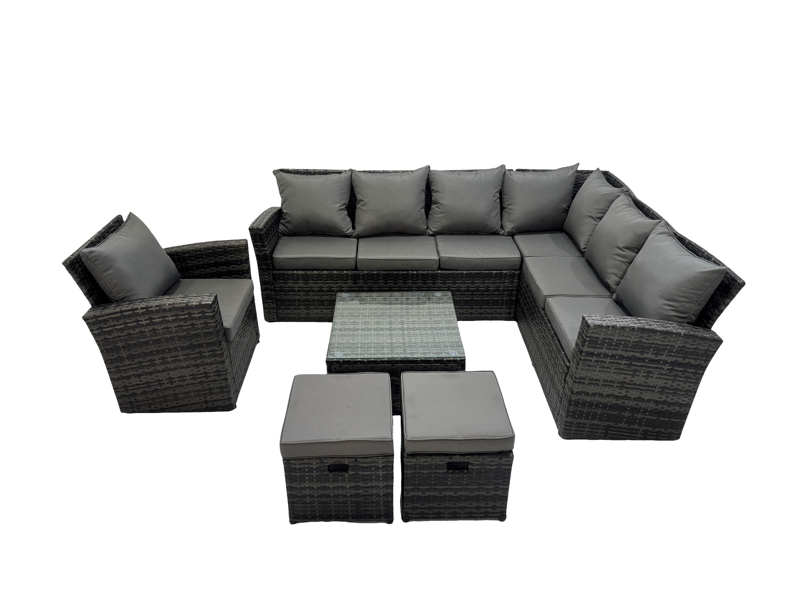 GARTEN-ECKSOFAGARNITUR Polyrattan Dunkelgrau 9-Sitzer - Dunkelgrau/Grau, Glas/Kunststoff - Fimous