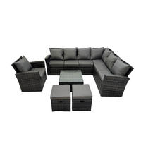 GARTEN-ECKSOFAGARNITUR Polyrattan Dunkelgrau 9-Sitzer - Dunkelgrau/Grau, Glas/Kunststoff - Fimous