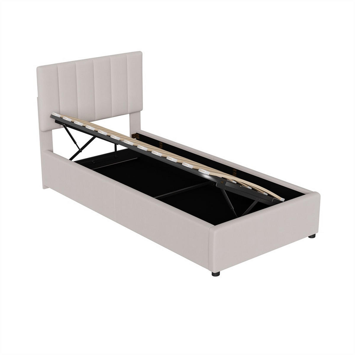 KINDERBETT 90x200 cm mit hydraulischem Bettkasten und Lattenrost - ohne Matratze - Leinen - Beige - Beige, Textil (90/200cm) - DELFA