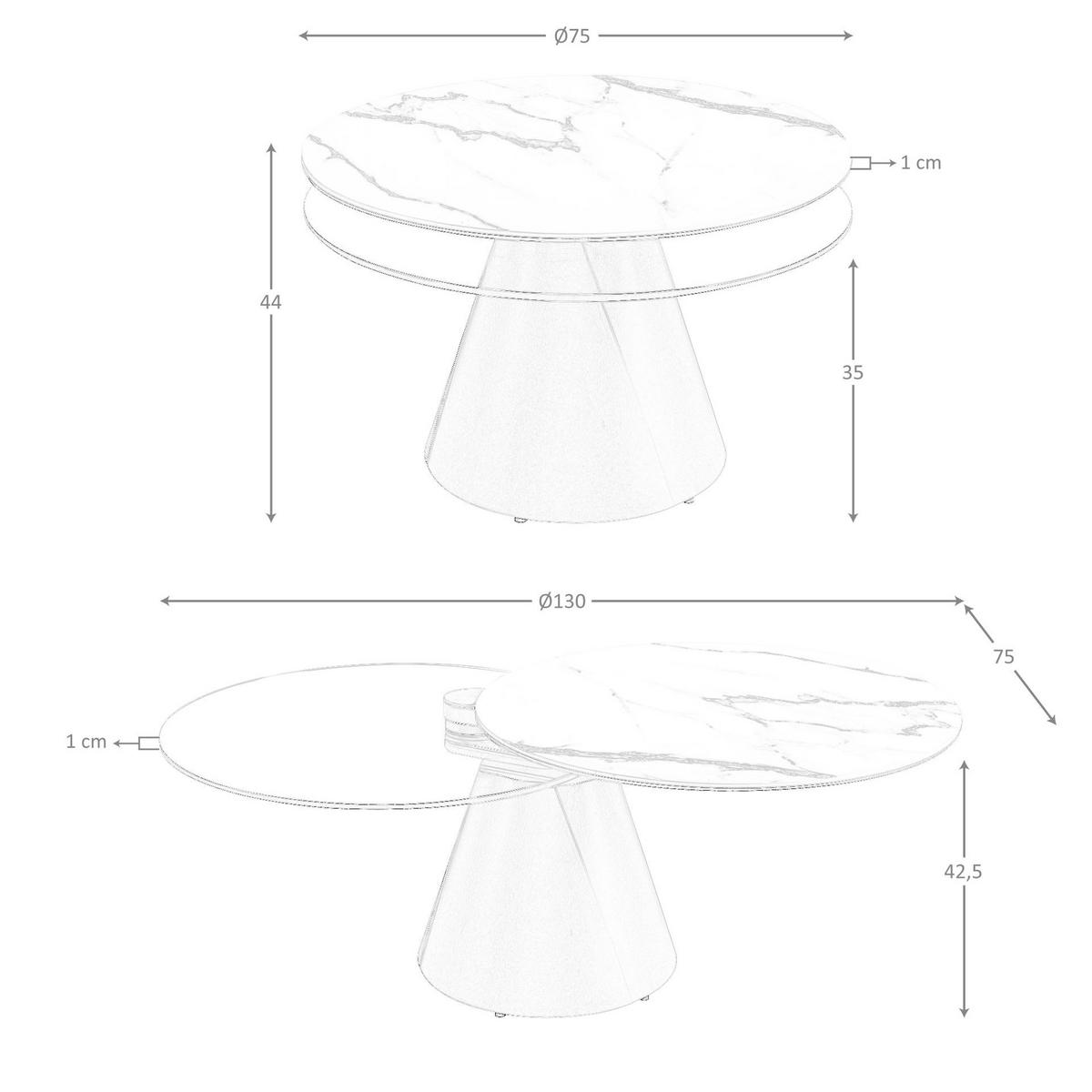 COUCHTISCH Ausziehbarer runder aus gehärtetem Glas, Porzellanmarmor und silbergrauem Stahl Ø75/44 cm - Silberfarben/Weiß, Glas/Stein (75/75/44cm) - ANGEL CERDA