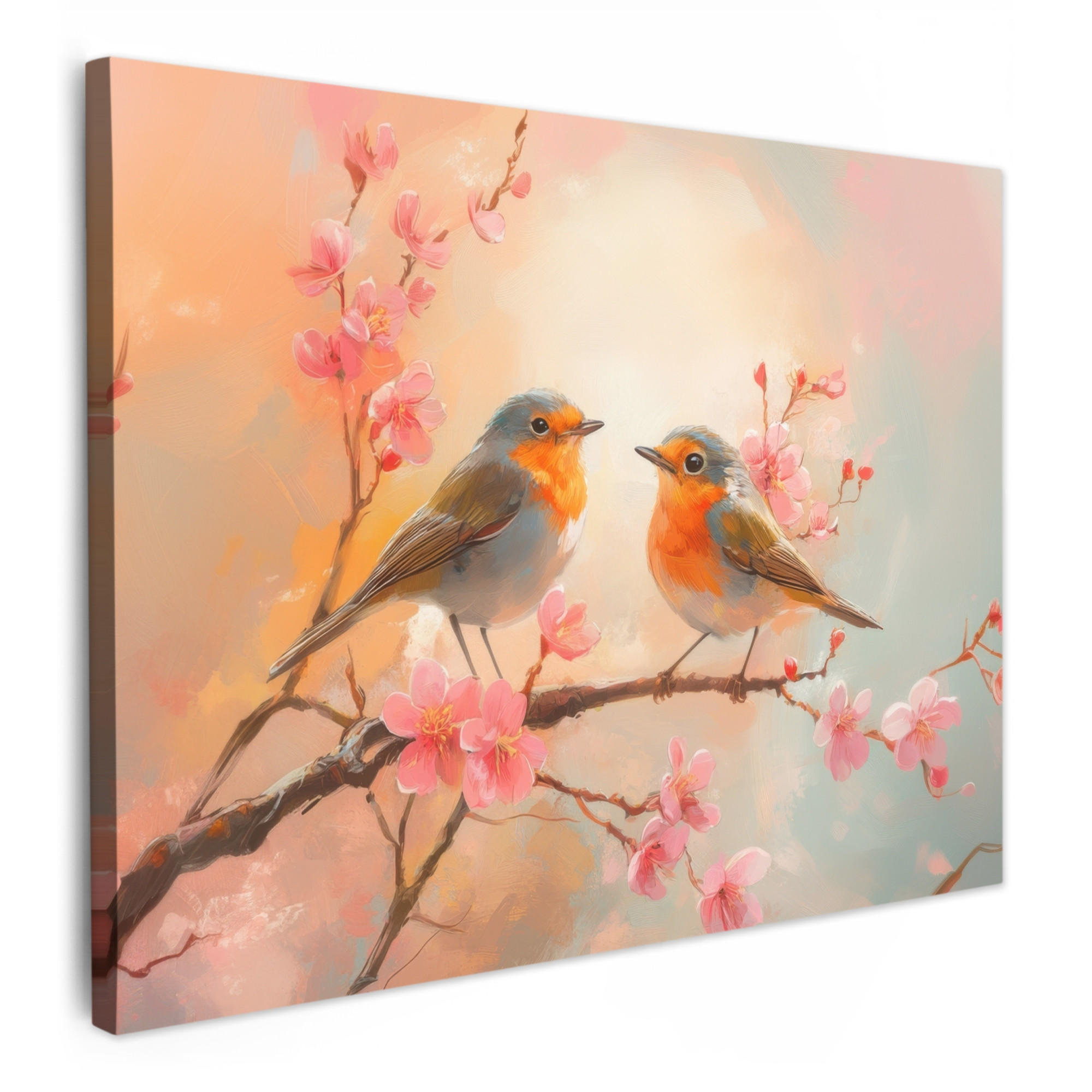 LEINWANDBILD Rotkehlchen - Zierpflanze - Blütenzweig 40x30 cm - Hellrosa, Textil (40/30cm) - MuchoWow