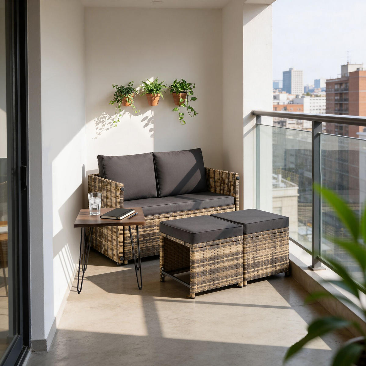 2-IN-1-RATTANLOUNGE-SET Monopoli, höhenverstellbare Tischfüße, natur - Naturfarben, Kunststoff - tectake