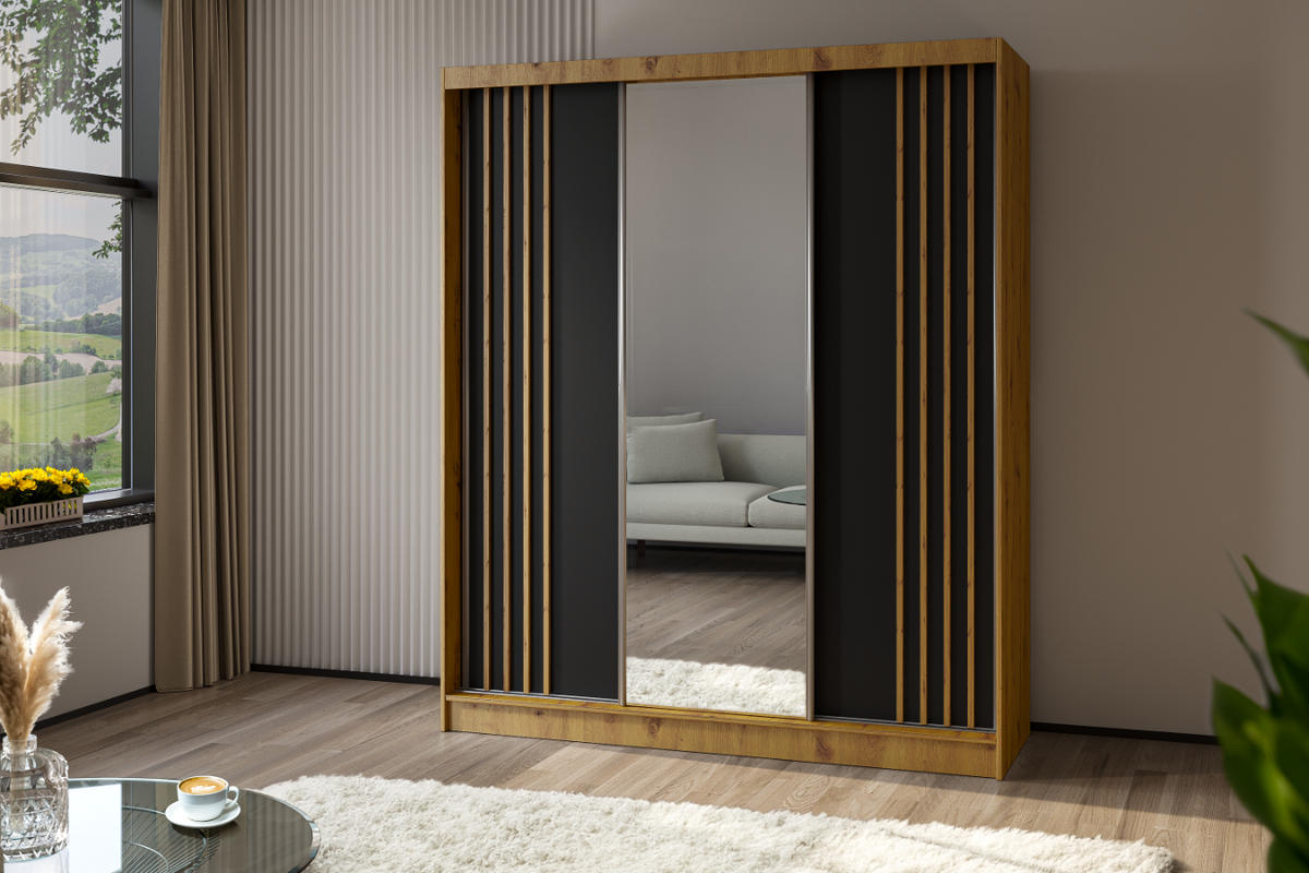 SCHWEBETÜRENSCHRANK Neli 180 cm mit Lamellen und Spiegel 3-türig, Artisan, schwarz, Lamelle Artisan - Braun/Eiche Artisan, Kunststoff (180/216/61cm) - Margaret Hadas24