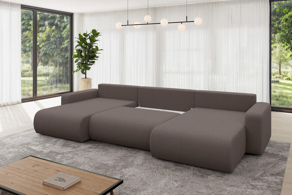 SEDACÍ SOUPRAVA DO U s funkcí spaní a úložným prostorem BERY-U 377x193x88 hnědá bouclé - černá/hnědá, kompozitní dřevo/textil (377/88/193cm) - ALTDECOR