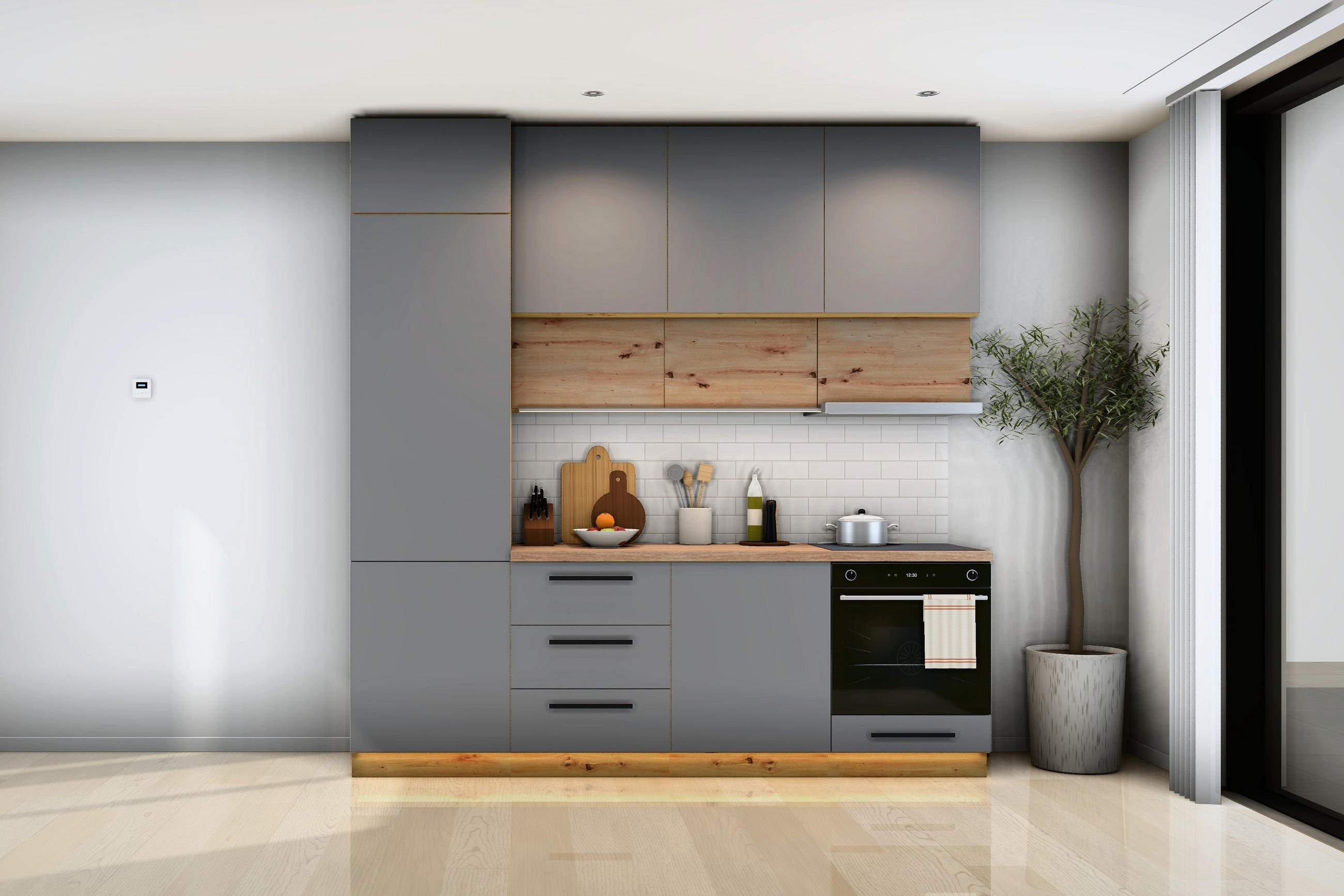 KÜCHENZEILE Nexa Grau & Woodline – 240 cm – K17-G240 - Hellbraun/Eiche Artisan, Holzwerkstoff (240/248/58cm) - ROYAL24_MARKT