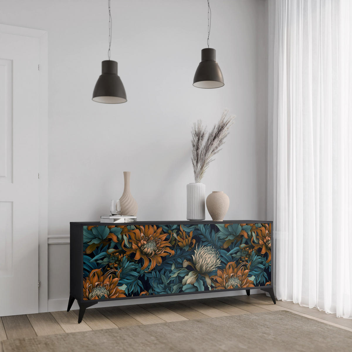 SIDEBOARD MORNING BLOOM, Eicheneffekt, 164,5x42x77,5 cm, 3 Türen - Eichefarben/Buchefarben, Holzwerkstoff/Buchenholz (164.5/77.5/42cm) - SpaceRebels