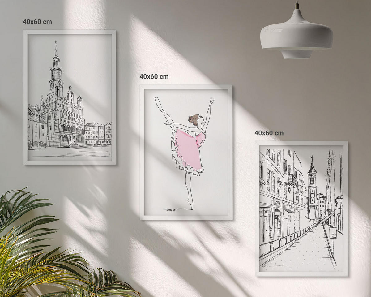 BILDER SET 3er Set - 40x60 cm Weißer Rahmen - Stilvolle Ballerinen und Architektur - Weiß, Kunststoff (40/60cm) - TULUP