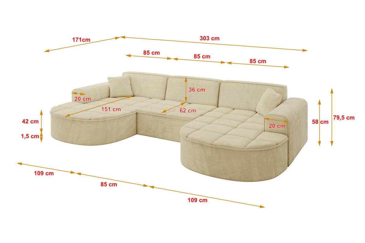 WOHNLANDSCHAFT TARO-U1 - 303x171x79,5 cm Beige - Beige, Holzwerkstoff/Textil (303/79.5/171cm) - ALTDECOR
