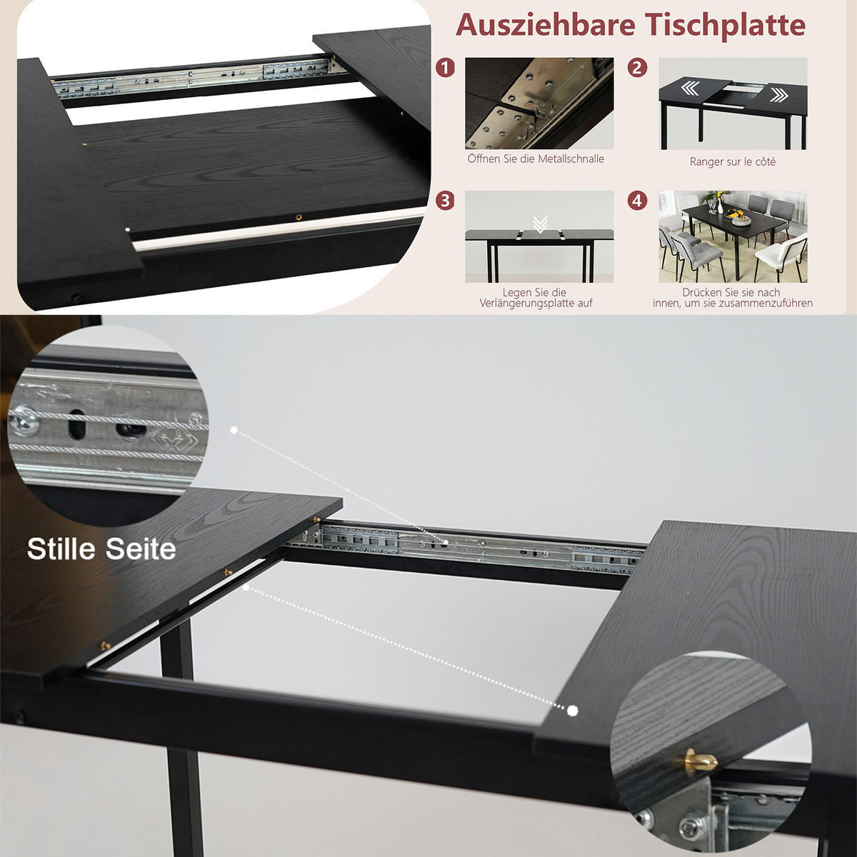 ESSGRUPPE 1 Tisch & 4 Suede Armlehnenstühle Braun - Schwarz/Braun, Textil/Metall (56/78/56cm) - Meubles Cosy