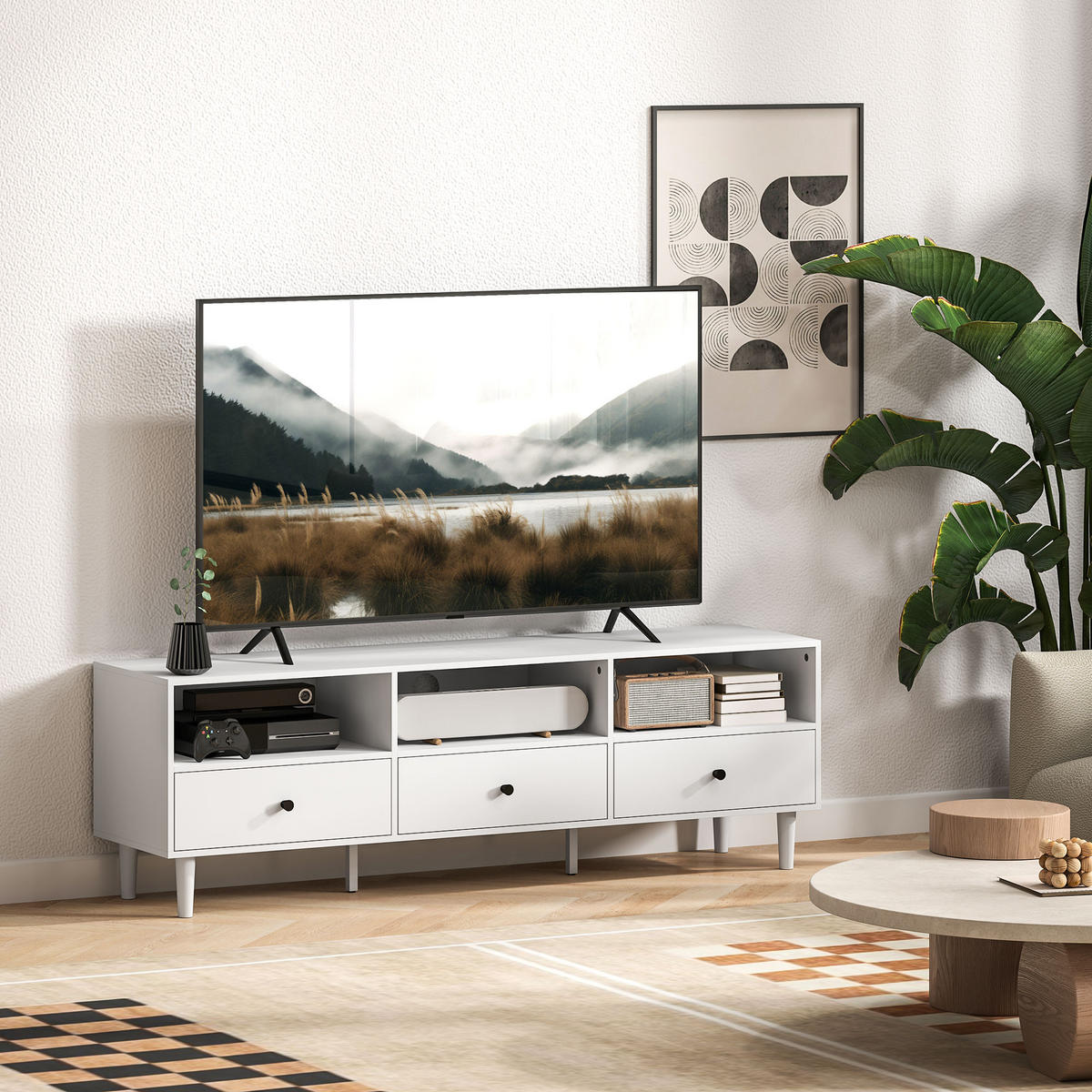 TV Schrank TV Board mit Schubladen, Weiß 140x34x45cm - Weiß, Holzwerkstoff (140/45/34cm) - HOMCOM