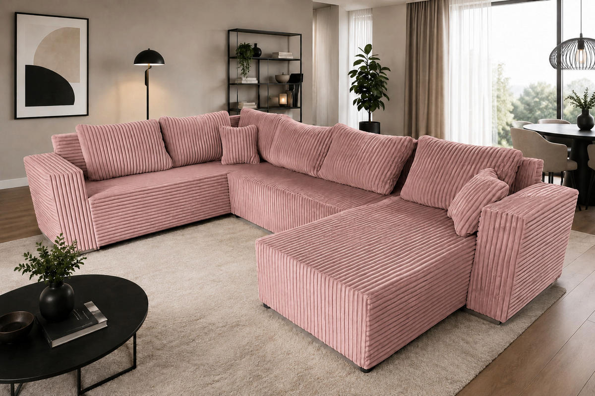 WOHNLANDSCHAFT Stylo U-Form mit Schlaffunktion & Bettkasten – Ecksofa in Cord Tilia – Breite 315 cm Rosa - Rosa, Kunststoff (314/90/215cm) - Wohnideebilder