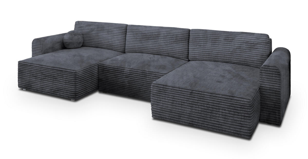 WOHNLANDSCHAFT FENTO Graphitfarben Kordstoff mit Schlaffunktion - Graphitfarben, Holz (347/90/148cm) - MASSENO