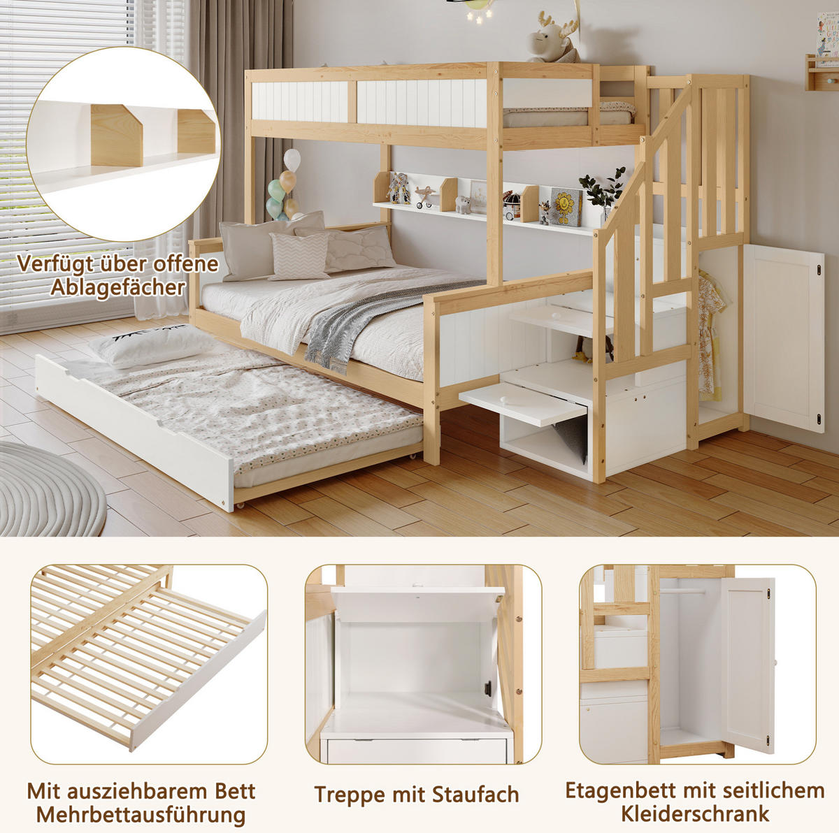 ETAGENBETT 90/200 cm & 120/200 cm mit Rollbett, Ecktreppe, Kleiderschrank und Fallschutz, Kiefer/MDF, Weiß/Natur - Weiß, Holzwerkstoff (90/200cm) - Redom
