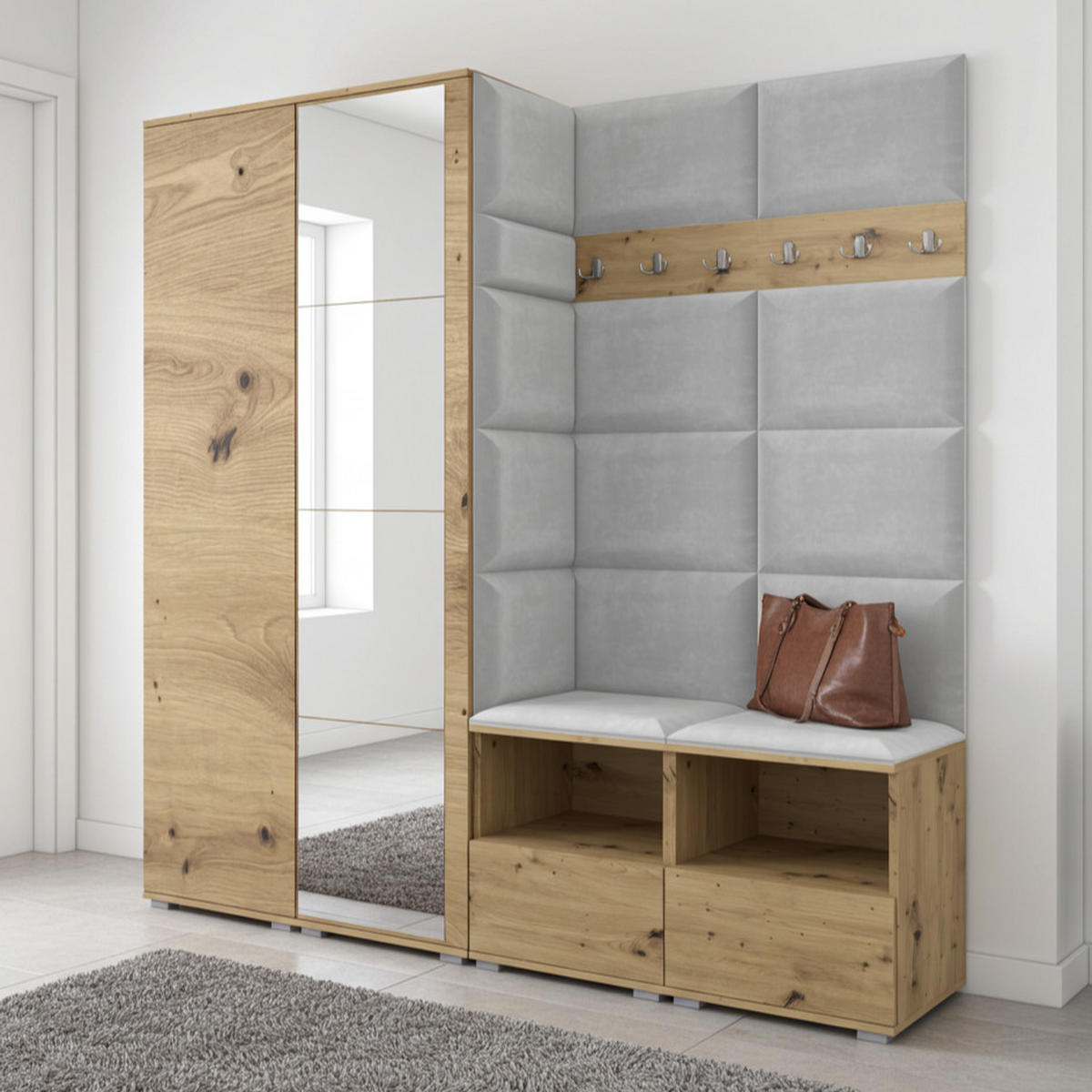 GARDEROBE NELA VI 200 cm (Modulare Flurmöbel Artisan Eiche mit Spiegel & Sitzpolster Hellgrau 32 Universell) - Silberfarben/Hellgrau, Holz/Holzwerkstoff (200/187/40cm) - Ravio