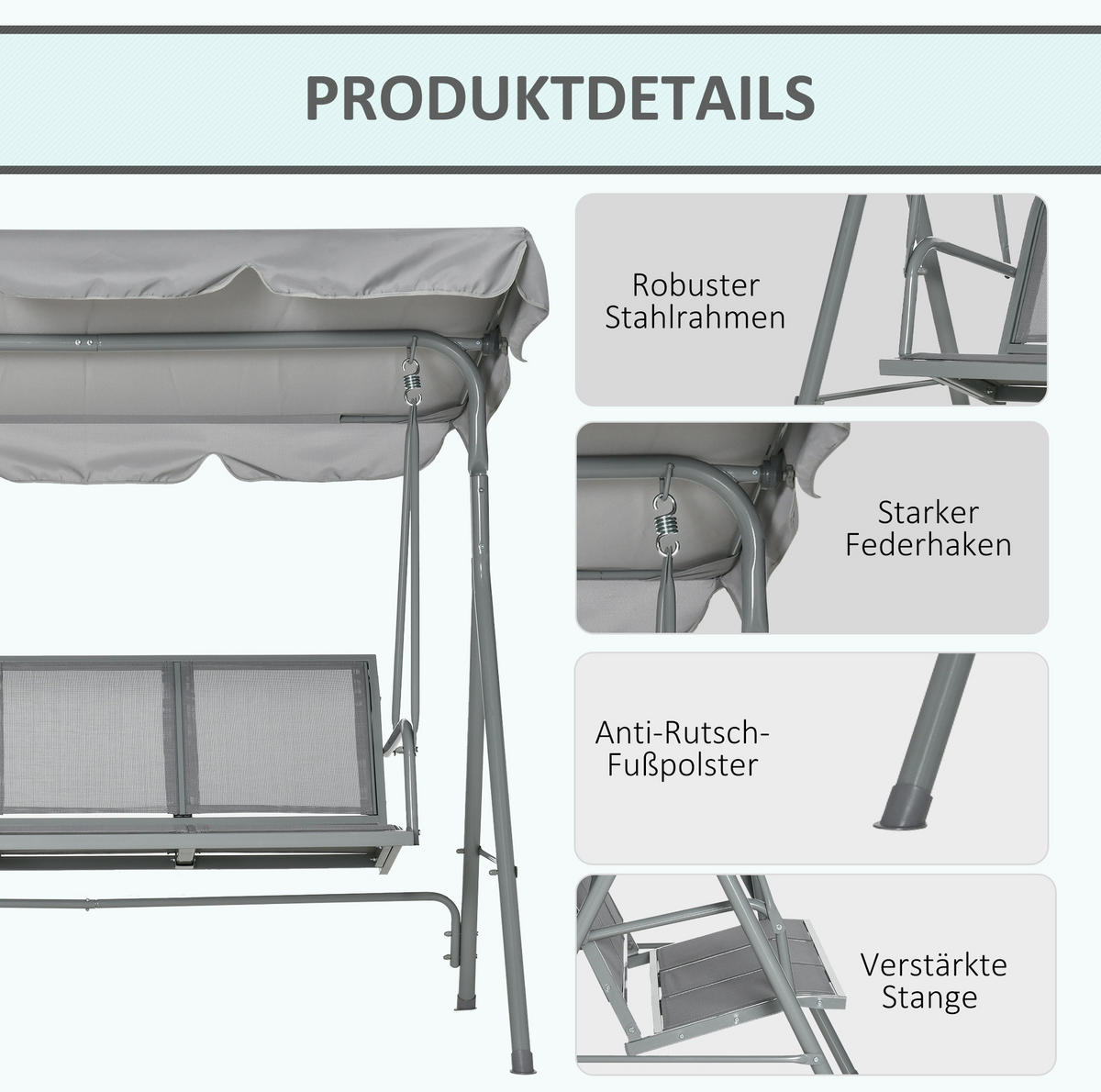 HOLLYWOODSCHAUKEL aus Metall 171x108x154cm in Grau mit verstellbarem Verdeck - Grau, Metall (108/154/171cm) - Modfu