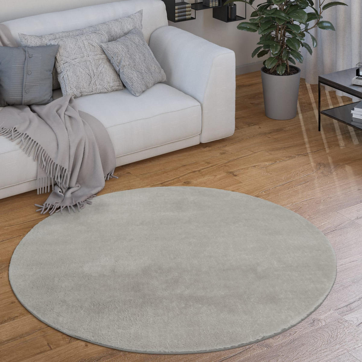 TEPPICH Kurzflor waschbar Unifarben Wohnzimmer schmutzabweisend Silber Rund 200D - Silberfarben, Textil (200/200cm) - KADIMA DESIGN
