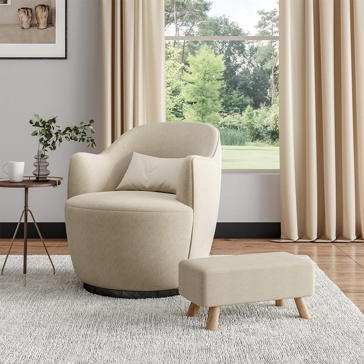 POLSTERHOCKER 57/28/25.7 cm Rechteckig Eichenholzbeine Leinen Beige - Beige/Naturfarben, Eichenholz/Holz (57/25.7/28cm) - Livingandhome