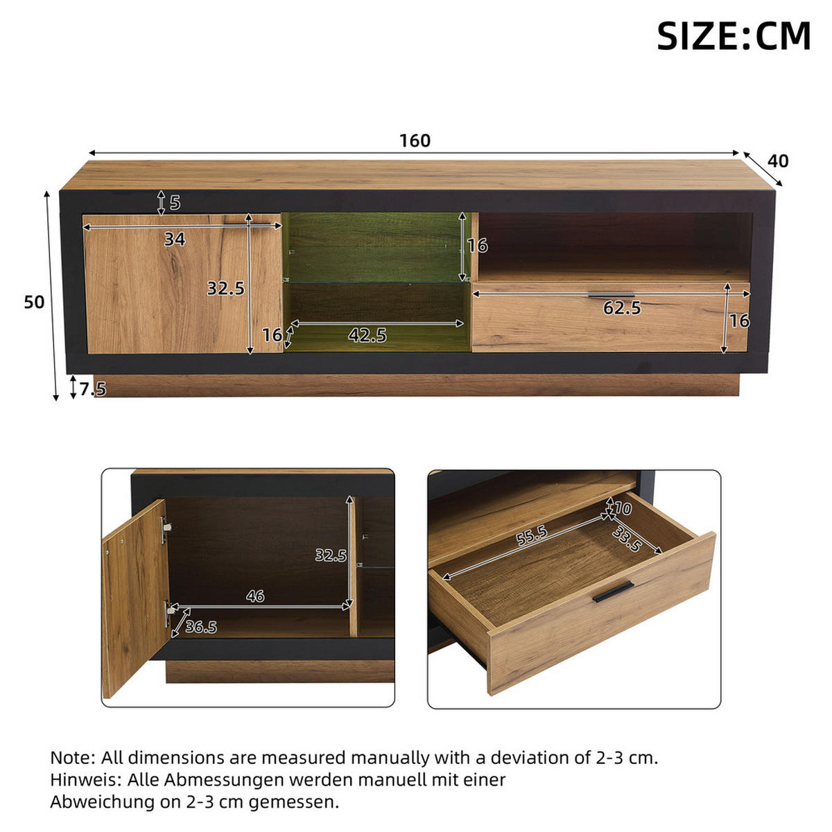 TV-SCHRANK Modern Lowboard LED-Beleuchtung Glasböden Schwarz-Eiche - Schwarz, Holz (50.8/14.61/74.3cm) - FLIEKS